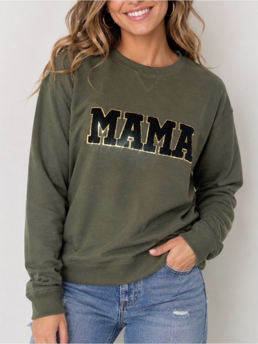 Olive Green "MAMA" Appliqué Sweatshirt SZ SM Graphic metallic trim